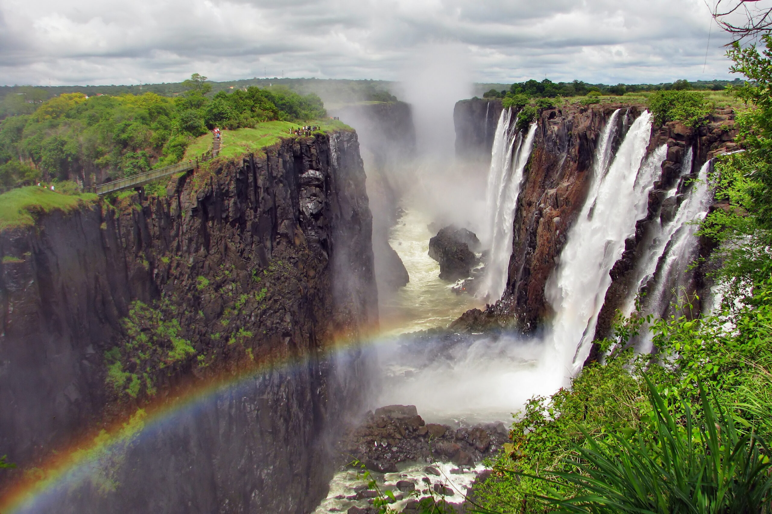 Rainbow,Over,Victoria,Falls,On,Zambezi,River,,Border,Of,Zambia