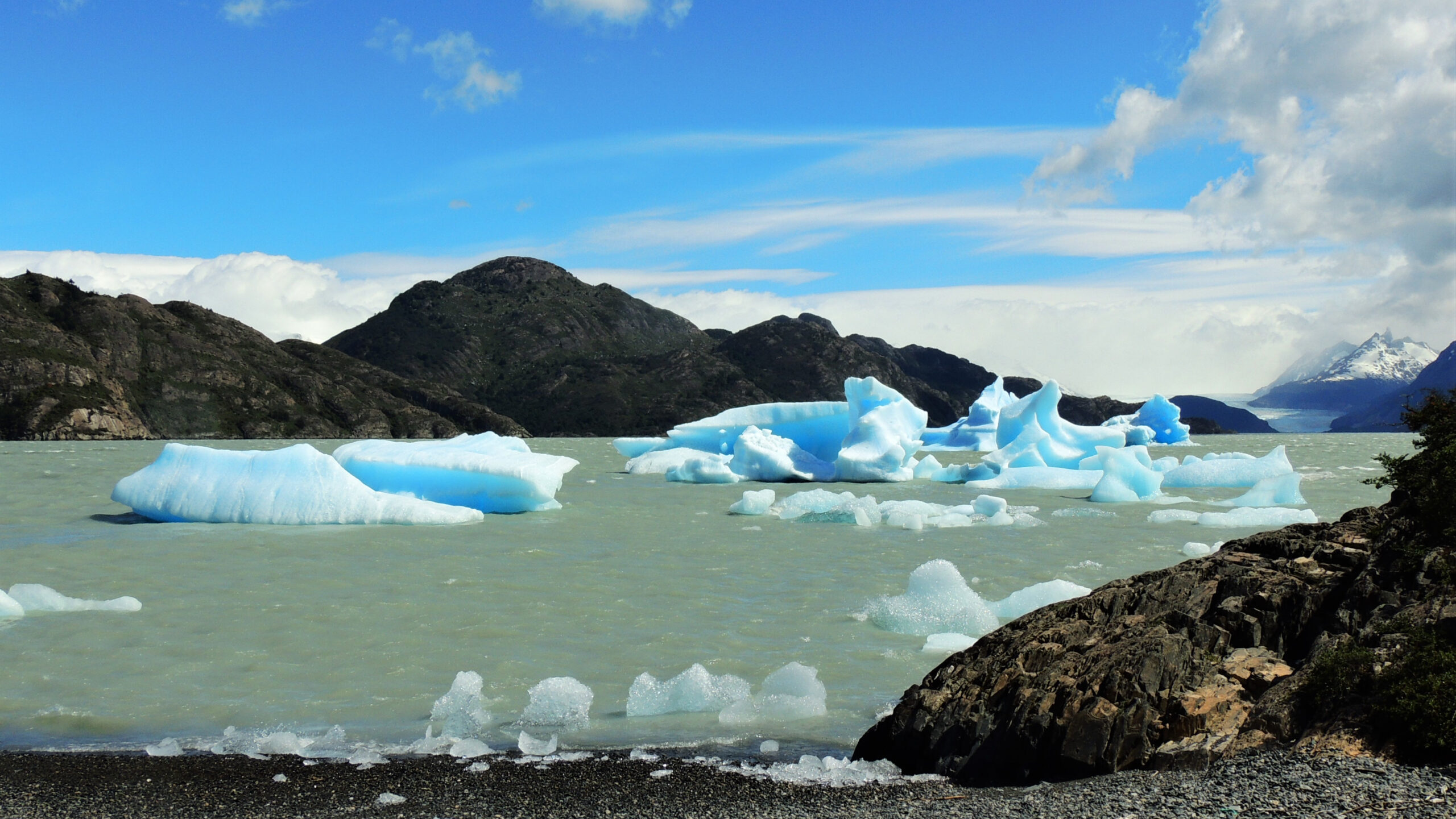 Blue,Ice,Floes,Floating,On,Grey,Lake,In,Chile,,Patagonia,