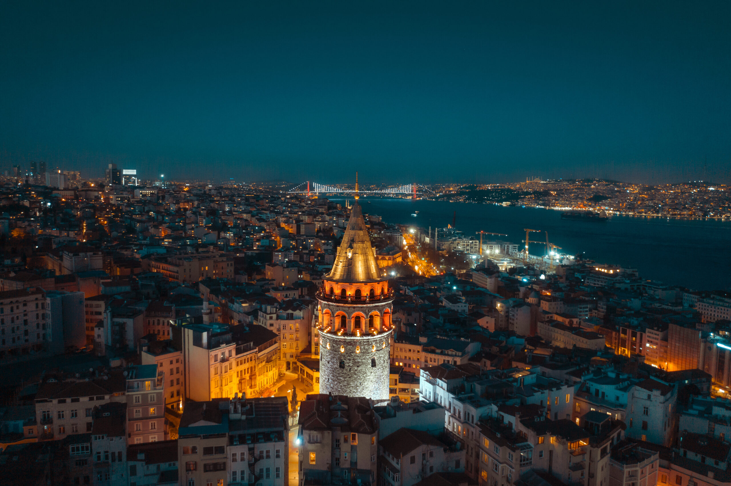 Aerial,Galata,Tower,And,Istanbul,Bosphorus,In,Evening,Blue,Hour