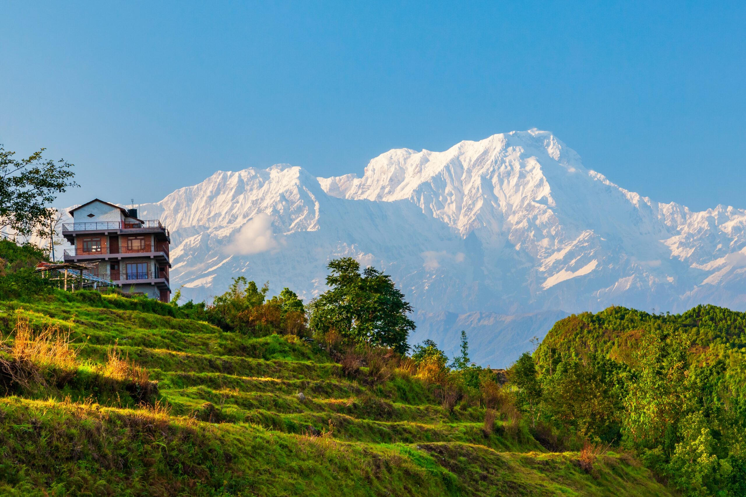 Local,House,And,Annapurna,Massif,View,From,Sarangkot,Hill,Viewpoint