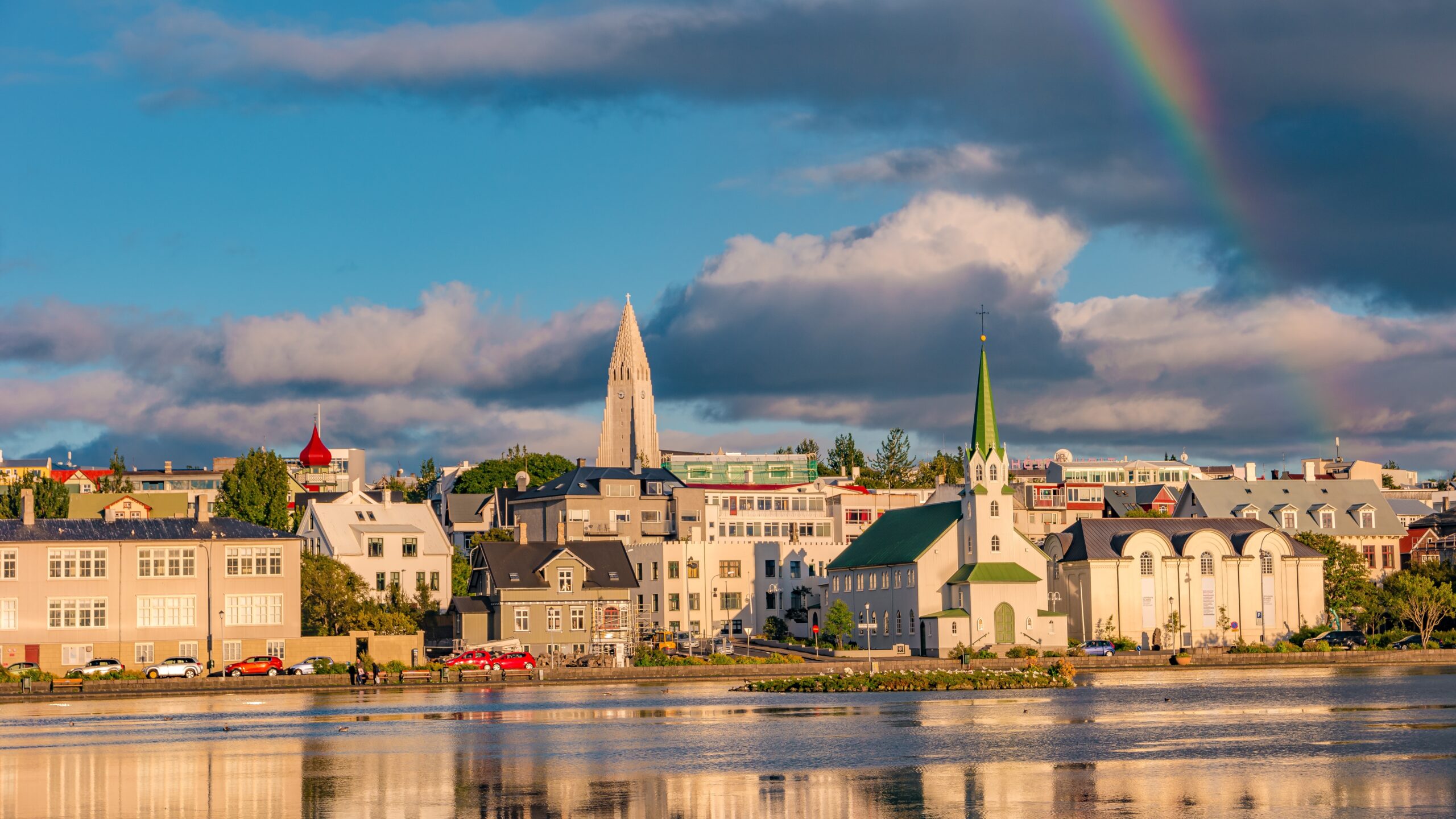 Historical,And,Touristic,Downtown,In,Reykjavik,At,Sunset,And,Rainbow