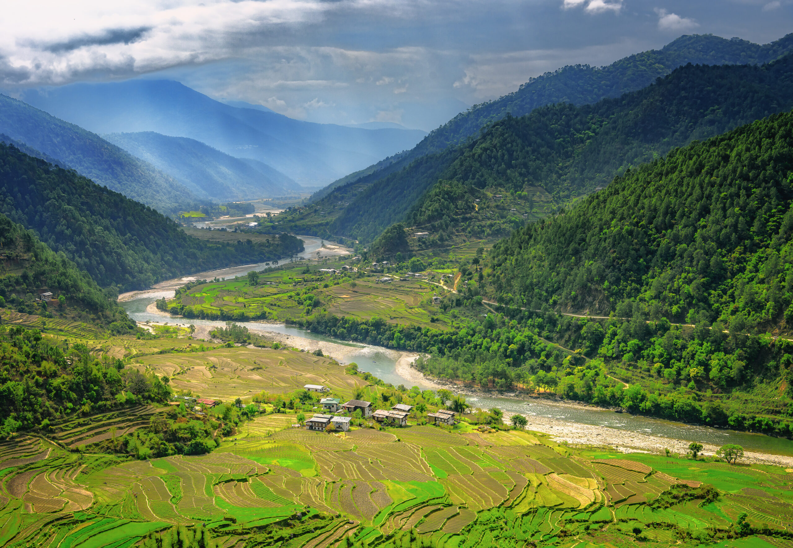 Valley,In,Bhutan,Near,Punakha,With,Rice,Fields,And,Typical